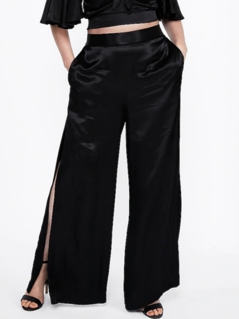 NEW Express High Rise Wide Leg Pants Black Satin Side Slit Workwear Size XL